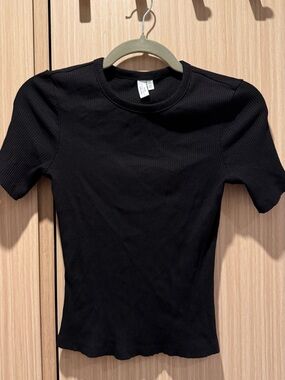 & Other Stories Black Ribbed Crewneck Short Sleeve Tee